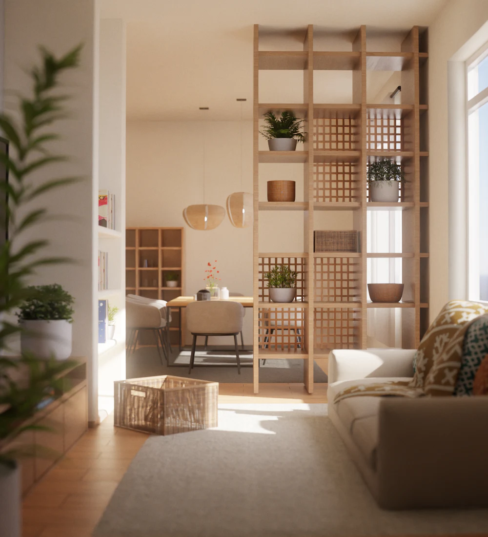 Bright living room with wooden shelving